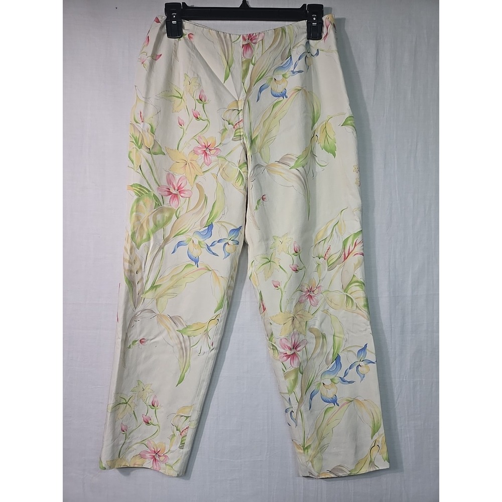 VTG Talbots Ankle Pants Women's 6 Cream Floral Satin Silk Blend Romantic Lined
